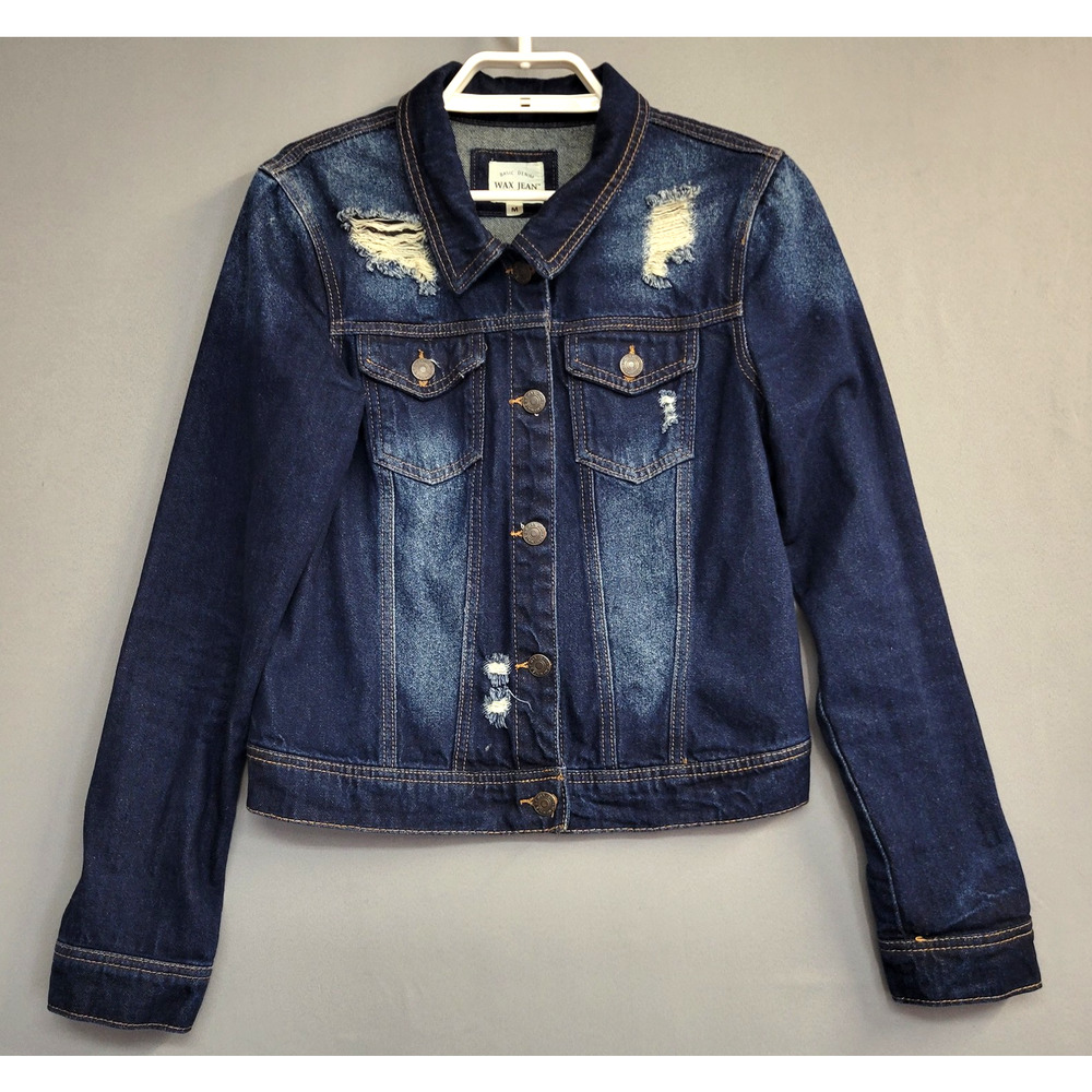 Waxโ Jean Jacket Womens Medium Distressed Denim Button Up Trucker Vintage Style